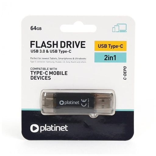 [PLA45604] PENDRIVE 3.0 USB+TIPO C 64 GB NEGRO PLATINET